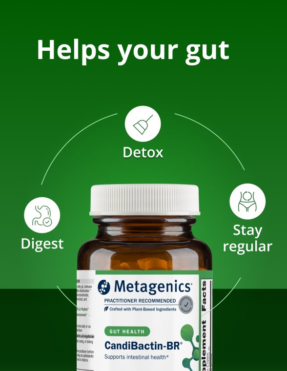 A green product-focused graphic featuring a bottle of Metagenics CandiBactin-BR® centered at the bottom. Above the bottle are three circular icons labeled “Detox,” “Digest,” and “Stay regular,” arranged in a curved layout. The headline reads, “Helps your gut.” The image visually summarizes how CandiBactin-BR® by Metagenics supports digestive balance, detoxification pathways, and regularity through targeted intestinal support.