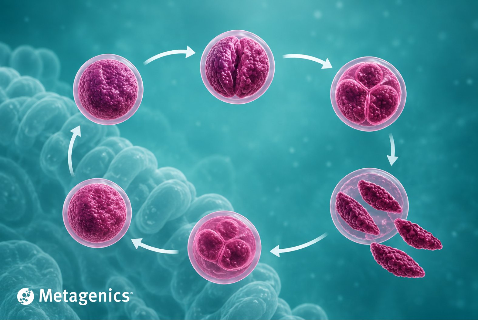 Scientific illustration of the Cyclospora parasite reproductive cycle created for the Metagenics educational article on Cyclospora infection and gut health.