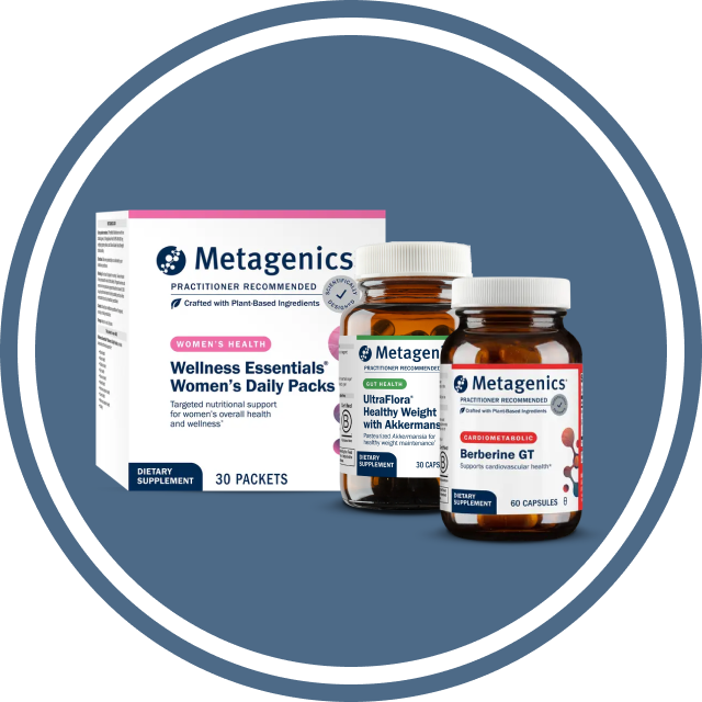 Metagenics Precision Weight & Hormone Balance for Women supplement stack icon showing Wellness Essentials Women’s Daily Packs with Berberine GT and UltraFlora Women’s Complete Probiotic bottles, representing practitioner-curated metabolic and hormone support.