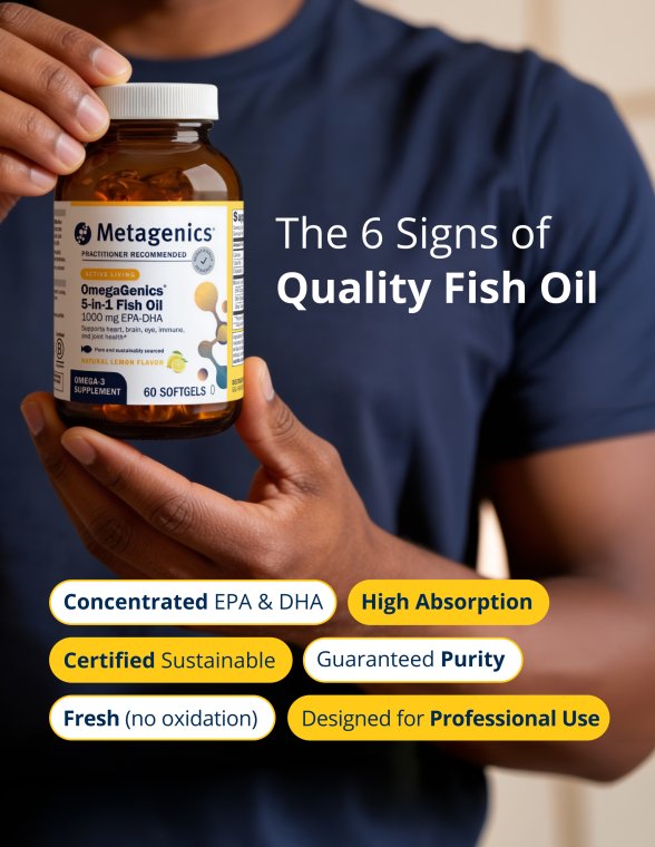 Product quality feature graphic for Metagenics OmegaGenics 5-in-1 Fish Oil showing a person holding the supplement bottle. Text highlights the ‘6 Signs of Quality Fish Oil,’ including concentrated EPA and DHA, high absorption, certified sustainable sourcing, guaranteed purity, freshness with no oxidation, and formulation designed for professional use.
