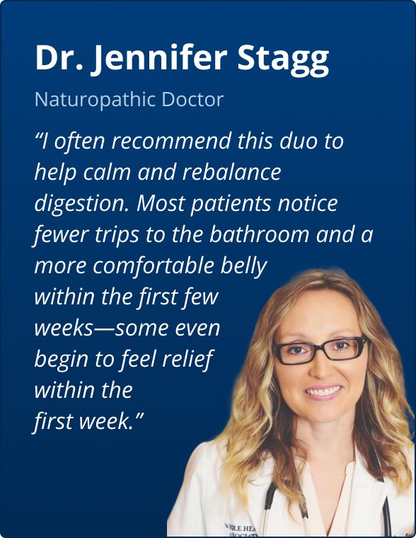 Practitioner testimonial graphic for the Metagenics PracStack ‘Gut Relief Duo for Occasional Bowel Distress by Dr. Jennifer Stagg, ND.’ Image features Dr. Jennifer Stagg, Naturopathic Doctor, with a quote explaining she recommends this supplement duo to help calm and rebalance digestion, with many patients noticing fewer urgent bathroom trips and improved digestive comfort within the first few weeks.