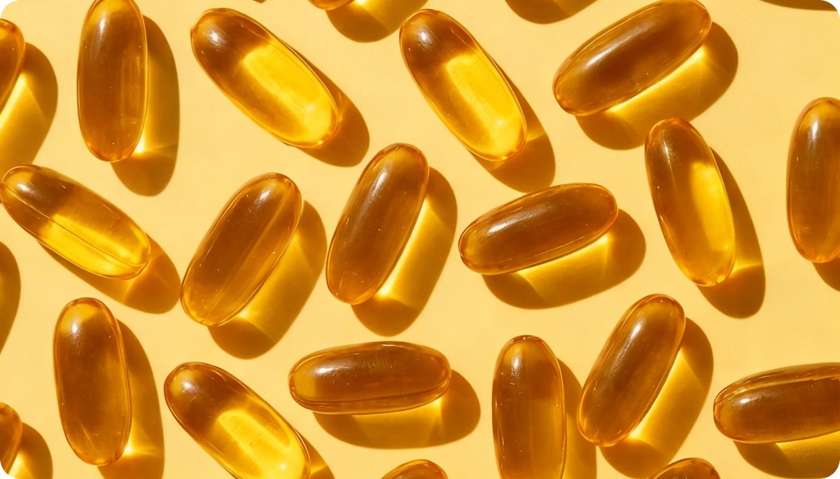 Close-up of golden fish oil capsules scattered across a warm yellow background, representing omega-3 dosage and EPA/DHA supplements.