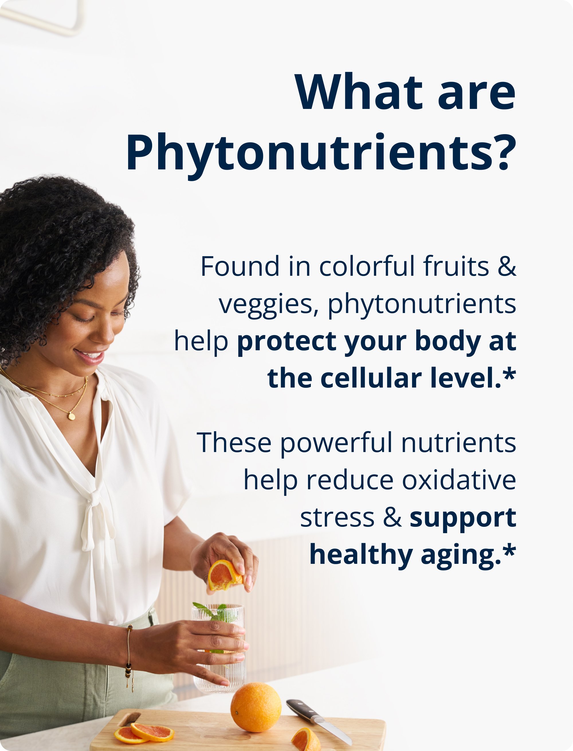 Person holding a glass of juice beside fruits and supplements with text describing what phytonutrients are and how they support cellular protection and healthy aging.