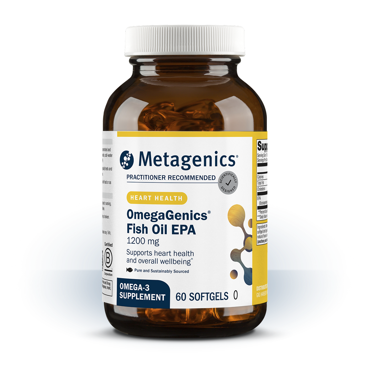 Bottle of Metagenics OmegaGenics® Fish Oil EPA 1200 mg—60 softgels. Formulated to support heart health and overall wellbeing.