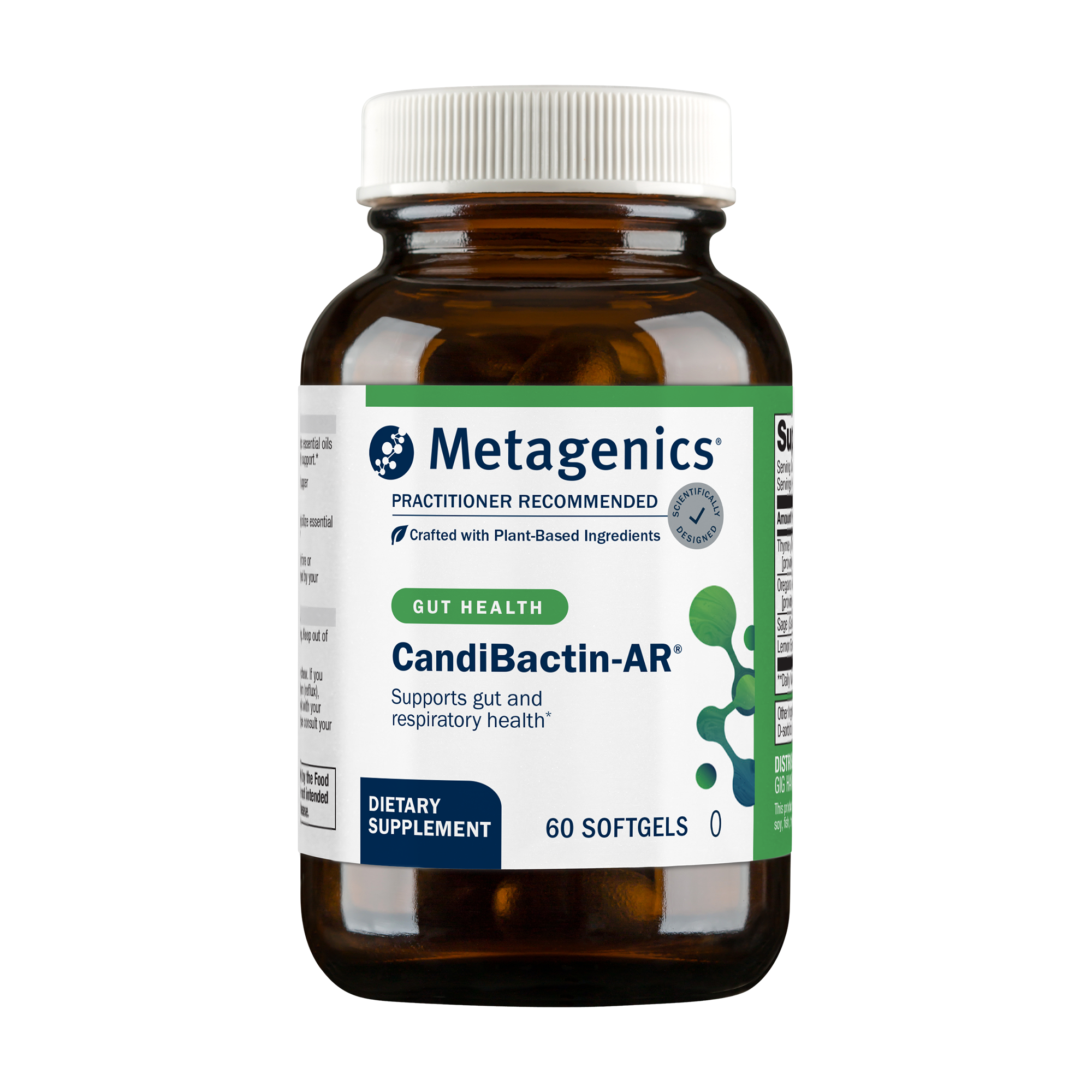 A bottle of Metagenics CandiBactin‑AR dietary supplement, featured on a page about doctor recommended probiotics.