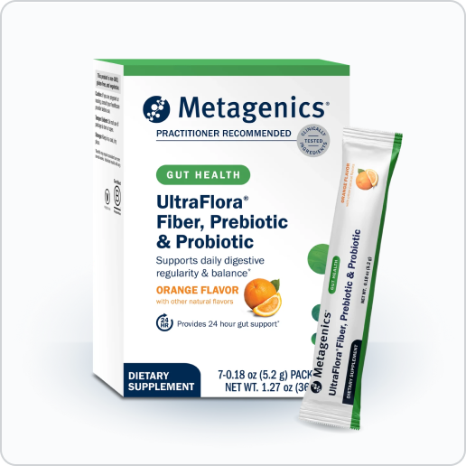 White box of UltraFlora® Fiber + Prebiotics + Probiotics by Metagenics displayed against a dark background, showcasing this orange-flavored fiber supplement powder designed to support digestive regularity and gut health.