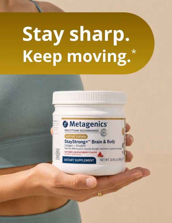 A person holding a StayStrong+ Brain & Body powder container beside the headline “Stay sharp. Keep moving.” on a clean white background.