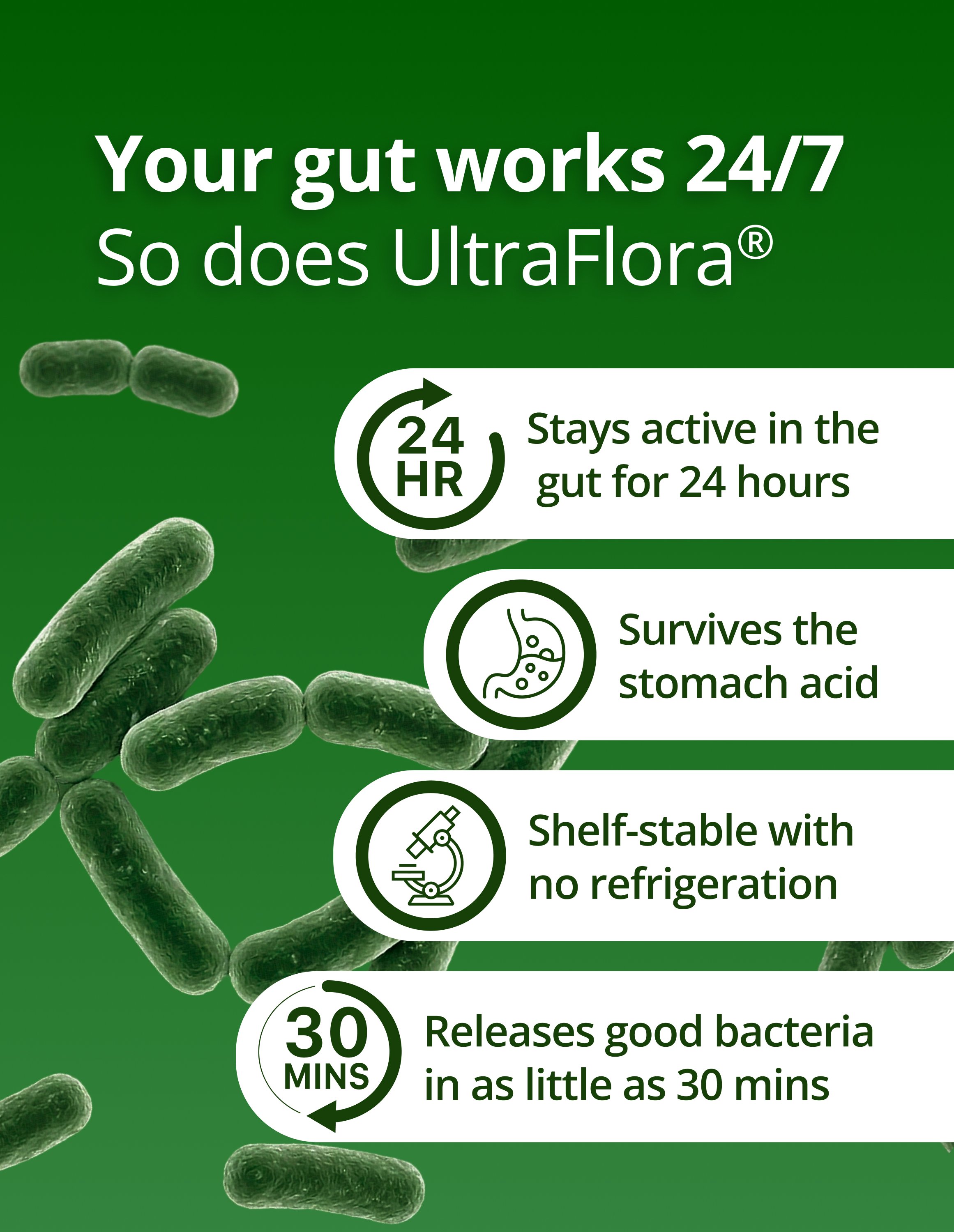 Green bacterial imagery beside text describing UltraFlora staying active in the gut for twenty‑four hours, surviving stomach acid, and releasing good bacteria within thirty minutes.