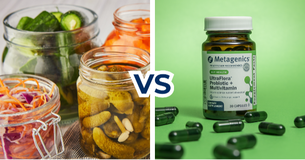 A selection of fermented vegetables in jars on the left side and a bottle of probiotics on the right.