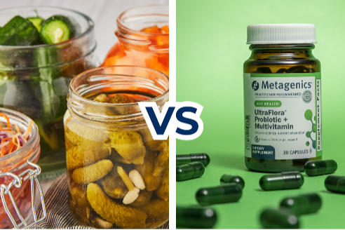 A selection of fermented vegetables in jars on the left side and a bottle of probiotics on the right.