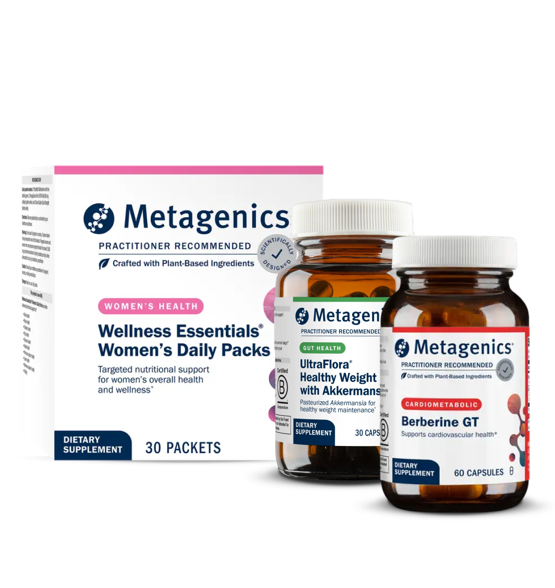 Metagenics Precision Weight & Hormone Balance for Women PracStack showing Wellness Essentials Women’s Daily Packs with Berberine GT and UltraFlora Women’s Complete Probiotic bottles, curated by Dr. Bridget Briggs, MD, to support metabolism, blood sugar balance, and healthy weight management.