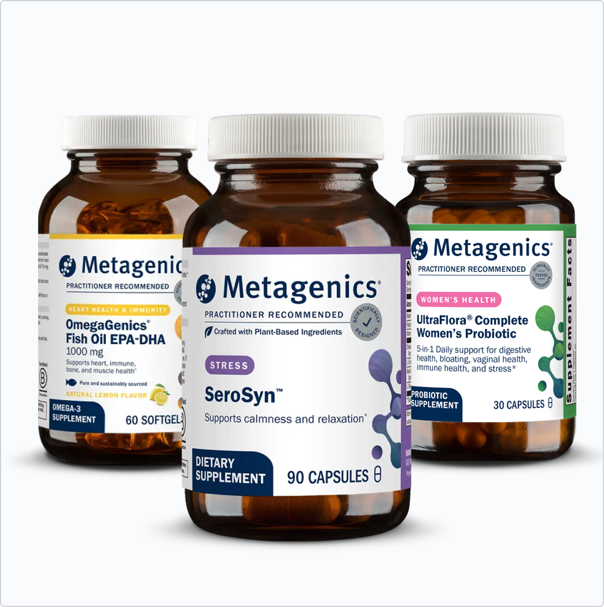 Metagenics Calm, Mood & Stress Resilience Bundle for Women displayed on the New Year page, featuring OmegaGenics® Fish Oil EPA-DHA, SeroSyn™ and UltraFlora® Complete Women’s Probiotic to restore your mood, mind and microbiome. Available for a limited time at 20% off.