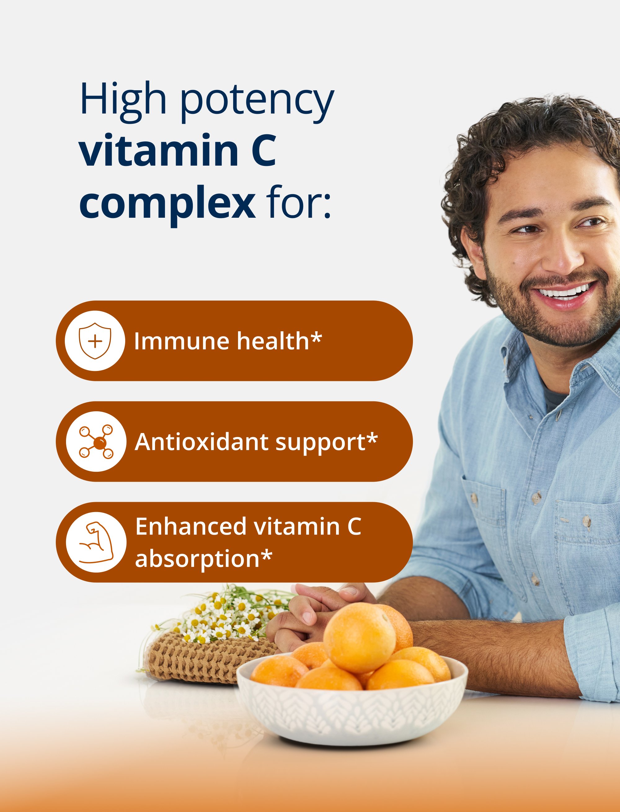 Smiling person next to a bowl of oranges with text listing benefits of a high‑potency vitamin C complex, including immune health, antioxidant support, and enhanced absorption