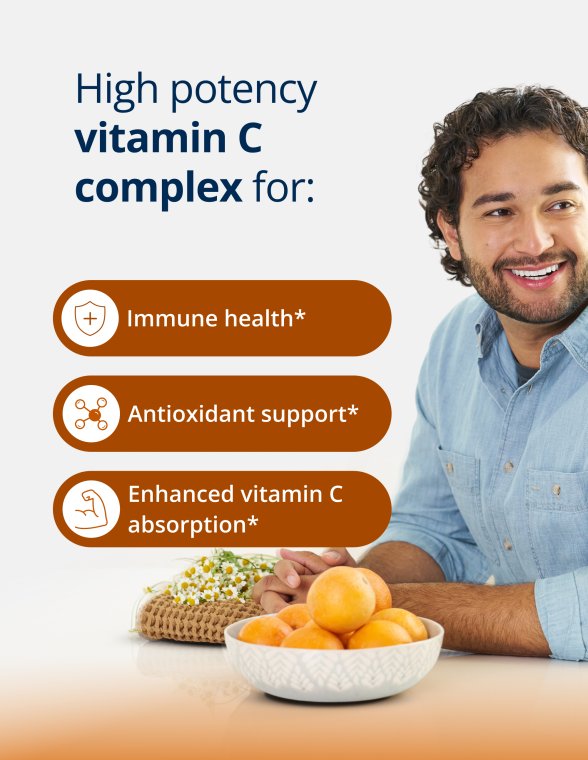 Smiling person next to a bowl of oranges with text listing benefits of a high‑potency vitamin C complex, including immune health, antioxidant support, and enhanced absorption
