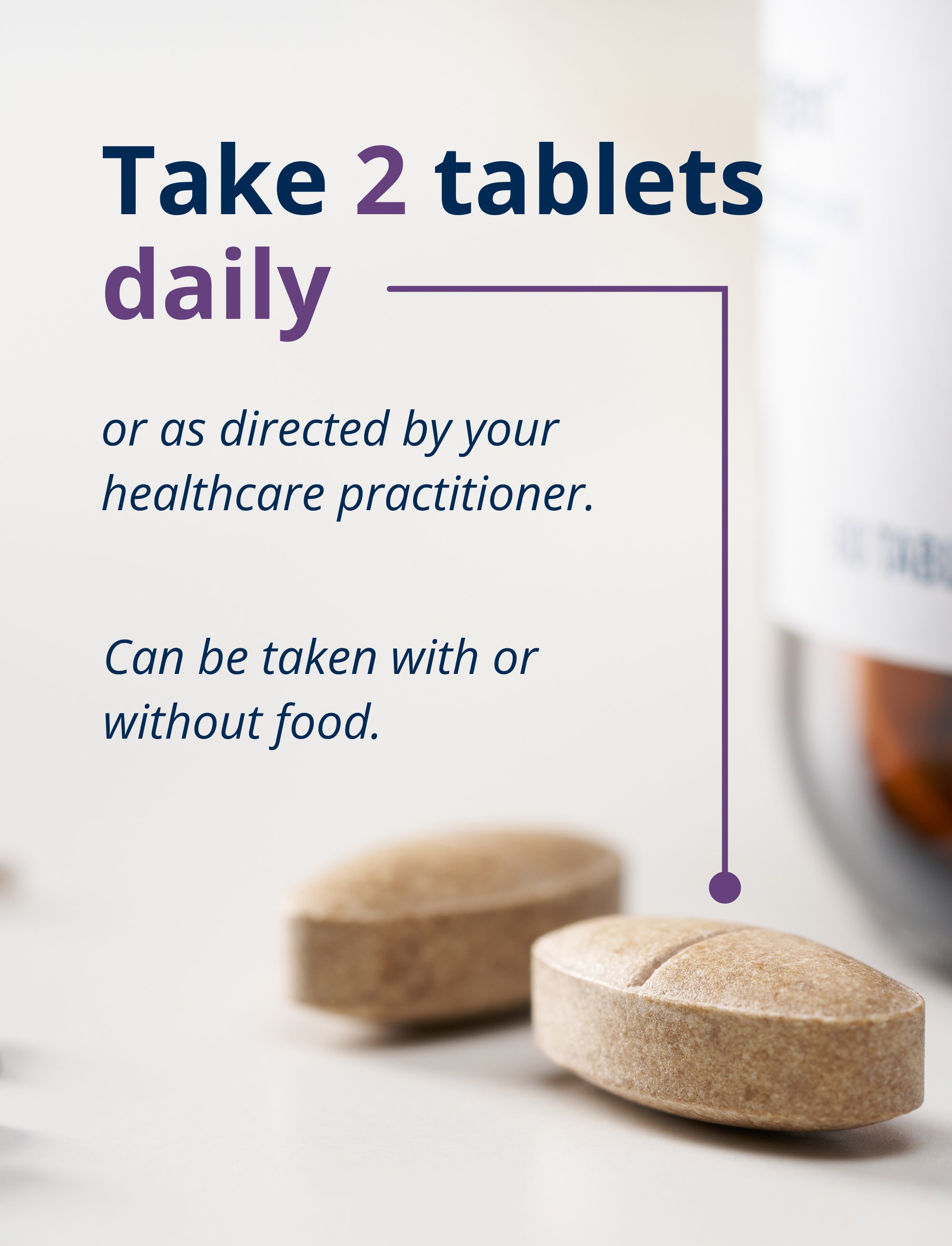 Two tablets shown with a Serenagen bottle in the background next to text instructing to take two tablets daily, with or without food, or as directed by a healthcare practitioner.