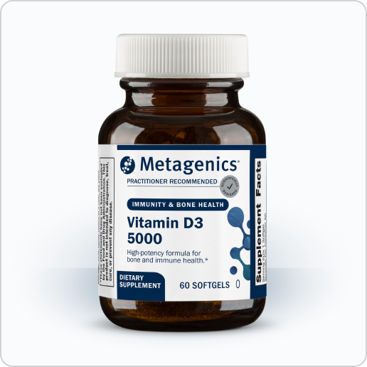 Brown bottle with white cap labeled ‘Metagenics Vitamin D3 5000’ shown with visible text including ‘Practitioner Recommended,’ ‘Immunity & Bone Health,’ and ‘60 softgels.’