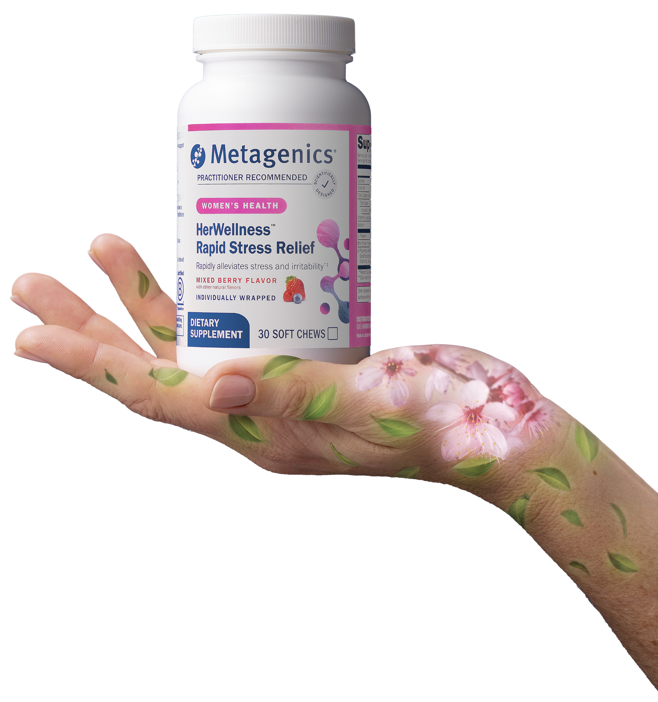 A hand held palm-up presenting a bottle of Metagenics HerWellness Rapid Stress Relief supplement, with soft botanical elements layered over the skin to suggest calm, balance, and natural stress support. The image promotes emotional wellness and encourages visitors to reset your routine during the new year supplement sale with Metagenics.