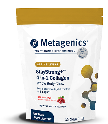 StayStrong+ 4-In-1 Chews product container. Includes UC-II&reg; collagen for joints, Fortigel&reg; collagen peptides for flexibility, Tendoforte&reg; collagen for connective tissue, and VERISOL&reg; hydrolyzed collagen for skin.
