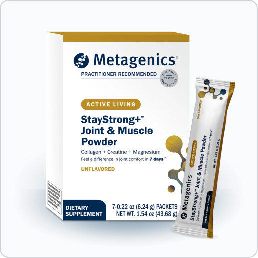 Box and individual packets of Metagenics StayStrong+ Joint & Muscle Powder labeled collagen, creatine, and magnesium, unflavored, with text stating it helps improve muscle comfort in 7 days