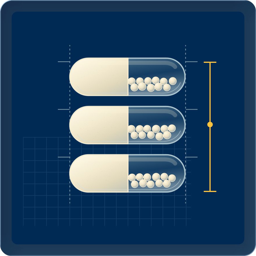 Illustration of capsules with visible contents and measurement markers, representing testing for physical attributes and dose uniformity.