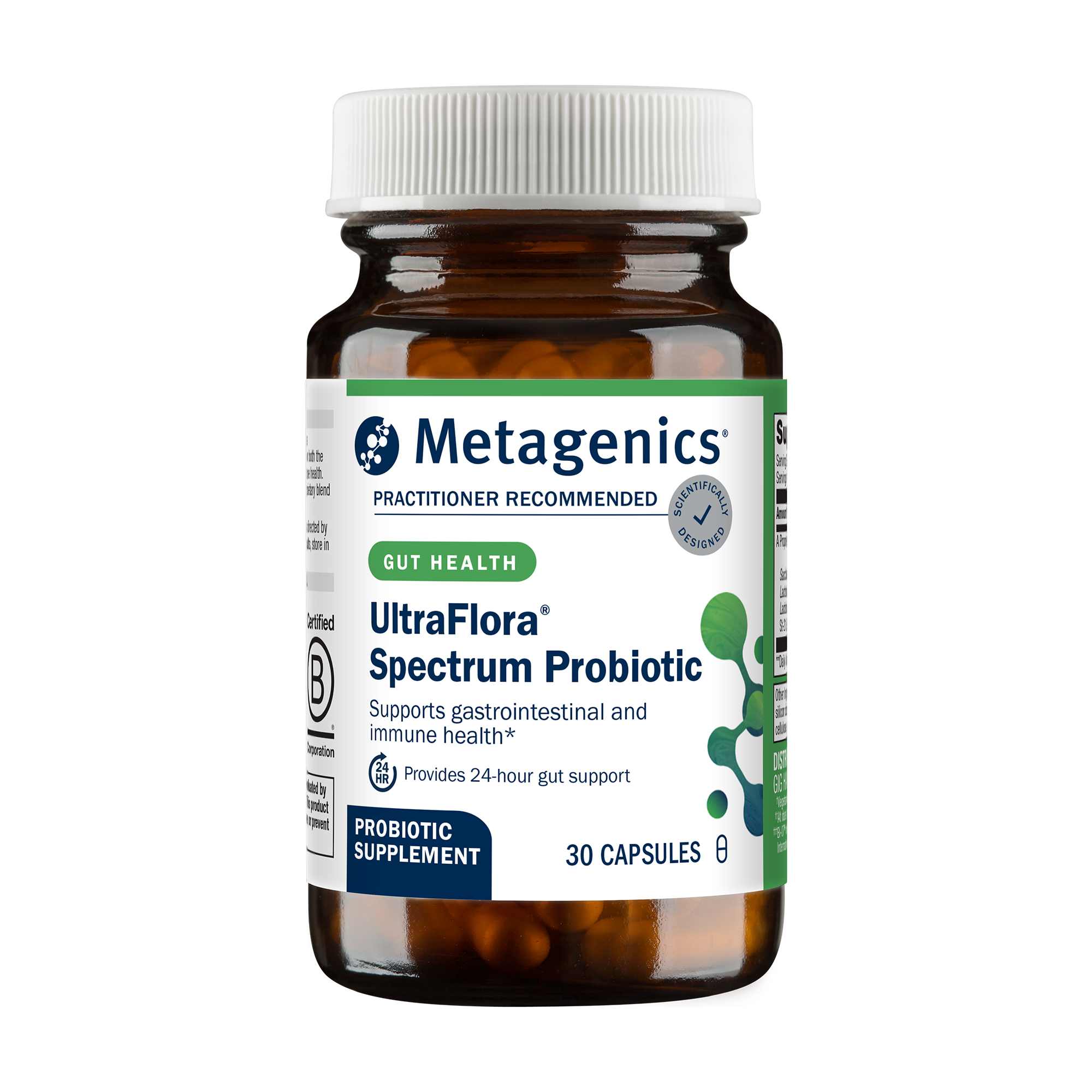 A bottle of Metagenics UltraFlora Spectrum Probiotic, featured on a page about doctor recommended probiotics.