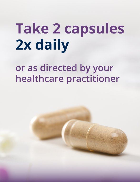 Two beige capsules on a light surface with on‑image text that reads “Take 2 capsules 2x daily or as directed by your healthcare practitioner.”