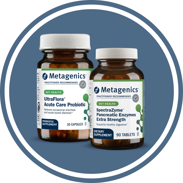 Metagenics Gut Relief Duo for IBS-D supplement stack icon showing UltraFlora Acute Care Probiotic and SpectraZyme Pancreatic Enzymes bottles, representing practitioner-curated digestive support for gut balance and comfort.