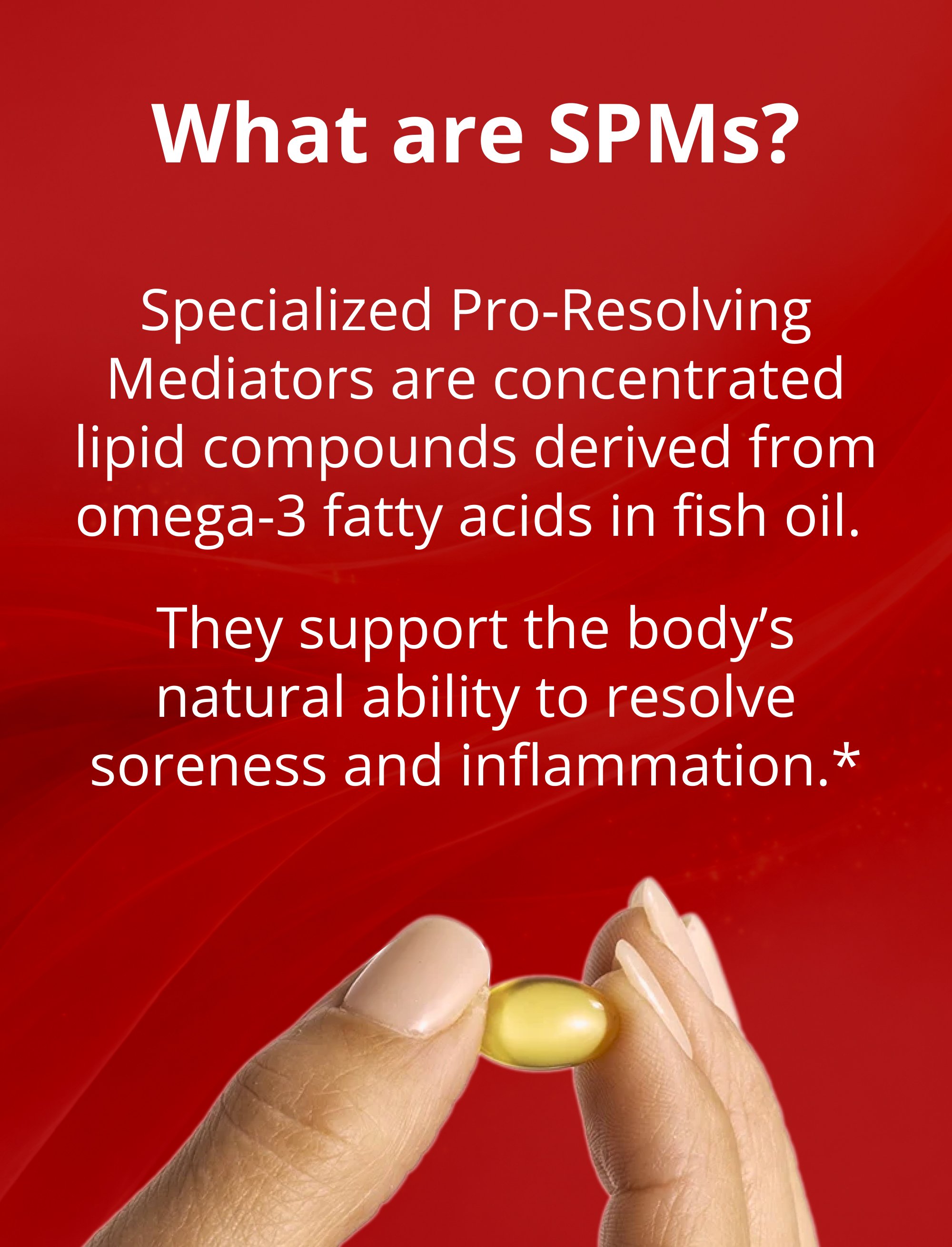 Hand holding a yellow softgel capsule next to text explaining that Specialized Pro‑Resolving Mediators (SPMs) are lipid compounds from omega‑3s that support the body’s natural inflammation‑resolution process.