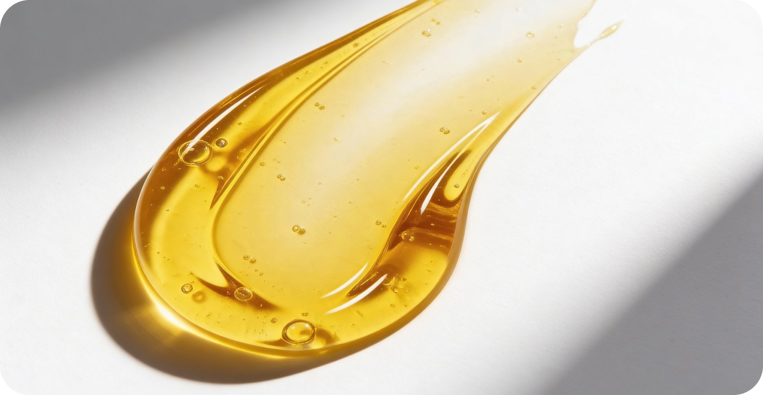 Close-up of a smooth, golden fish oil liquid on a light surface, representing omega-3 fatty acids that support heart, brain, and joint health. The image reflects Metagenics nutrition support, encouraging consumers to reset your routine during the new year supplement sale.