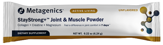  Single-serve Metagenics® StayStrong™ Joint & Muscle Powder stick pack for convenient on-the-go collagen, creatine, and magnesium supplementation.
