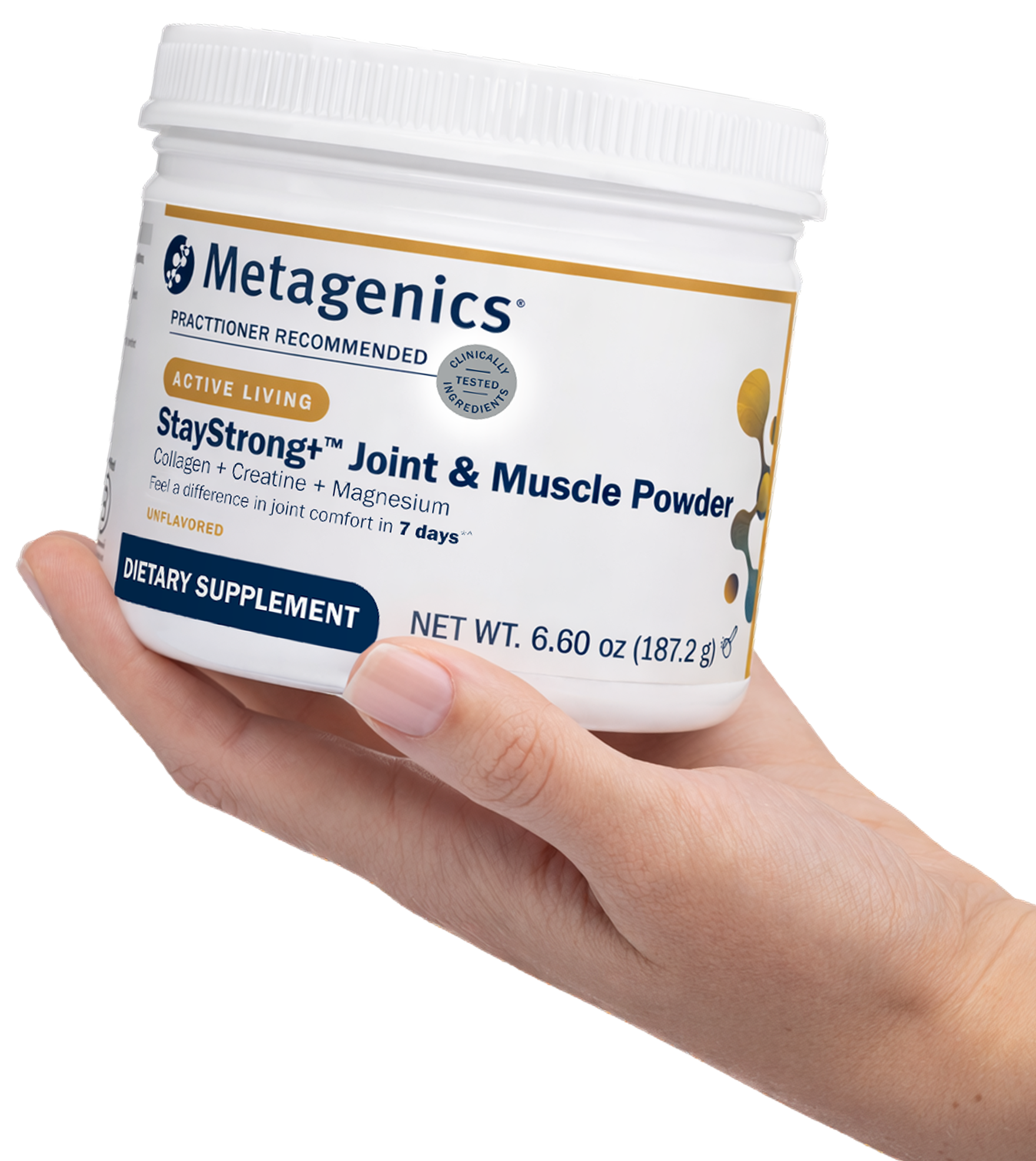 Hand holding a container of Metagenics® StayStrong™ Joint & Muscle Powder, a collagen, creatine, and magnesium supplement for active lifestyles.
