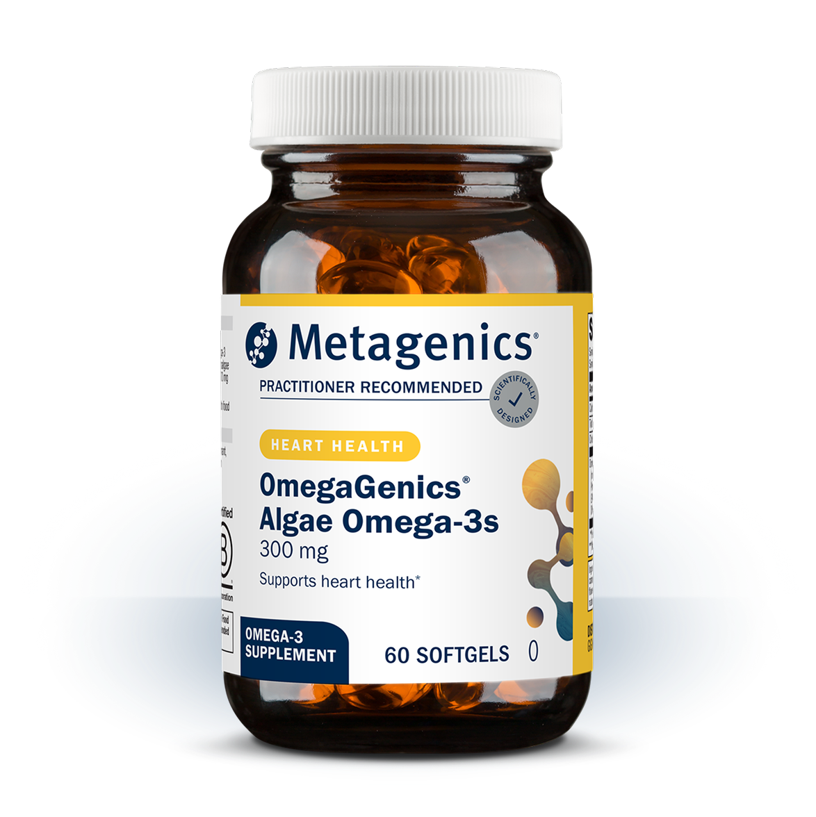 Bottle of Metagenics OmegaGenics® Algae Omega-3s—60 softgels. Formulated to support heart health.