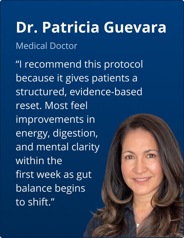 Practitioner testimonial graphic for the Metagenics PracStack ‘Daily Detox Support by Dr. Patricia Guevara-Channell, MD.’ Image features Dr. Patricia Guevara, Medical Doctor, with a quote explaining she recommends this structured, evidence-based protocol to support improvements in energy, digestion, and mental clarity as gut balance begins to shift.