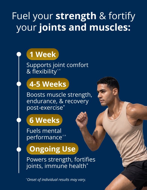 A four‑part timeline listing expected benefits: joint comfort and flexibility in one week; muscle strength and recovery in four to five weeks; mental performance in six weeks; and ongoing support for joint and immune health with continued use.