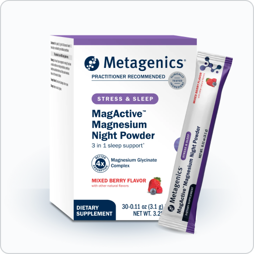 MagActive Magnesium Night Powder box with purple accents shown next to one stick pack leaning against it, both displaying the product label and mixed‑berry flavor imagery.