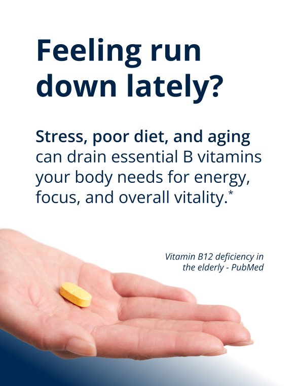 A hand holds a yellow vitamin pill. Text explains that stress, poor diet, and aging can deplete essential B vitamins needed for energy, focus, and vitality. A small citation reference appears below.