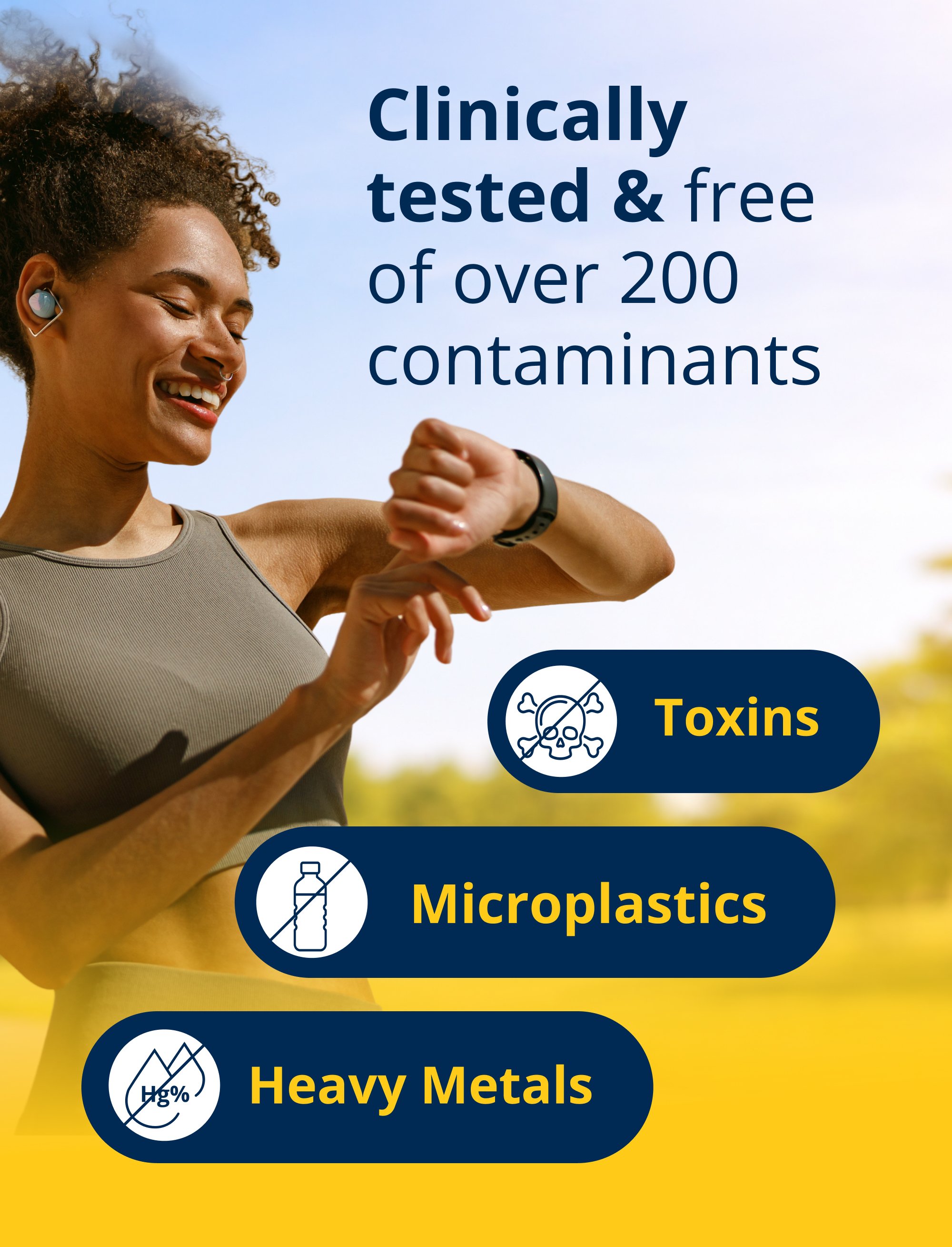 Purity graphic for Metagenics OmegaGenics® 5‑in‑1 Liquid Fish Oil 2400 mg EPA‑DHA showing a smiling person holding a spoon of fish oil with text noting clinical testing and freedom from over 200 contaminants, including toxins, microplastics, and heavy metals.