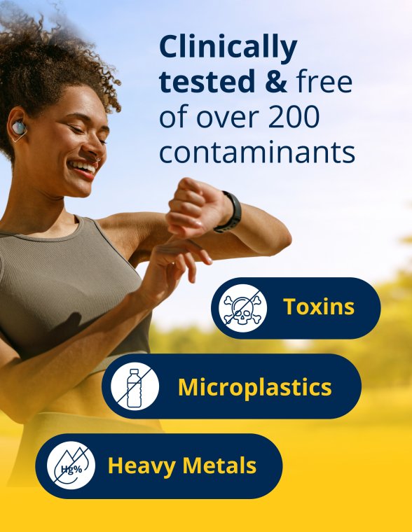Purity graphic for Metagenics OmegaGenics® 5‑in‑1 Liquid Fish Oil 2400 mg EPA‑DHA showing a smiling person holding a spoon of fish oil with text noting clinical testing and freedom from over 200 contaminants, including toxins, microplastics, and heavy metals.