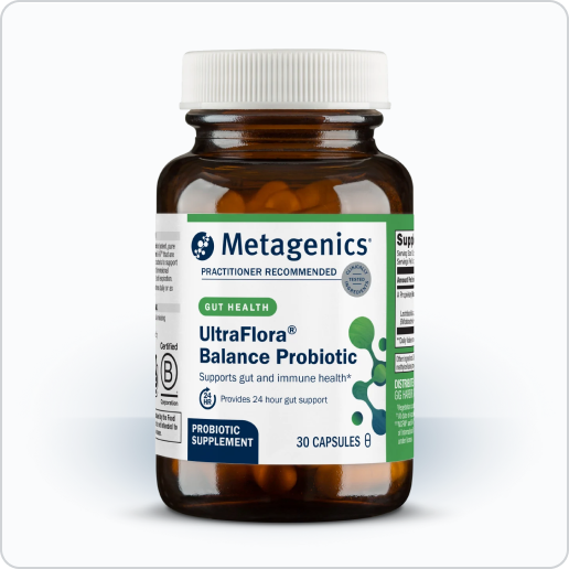 Bottle image of UltraFlora® Balance Probiotic, a daily supplement for gut and immune health. The label highlights 24-hour gut support and contains 30 capsules, shown upright on a white background.