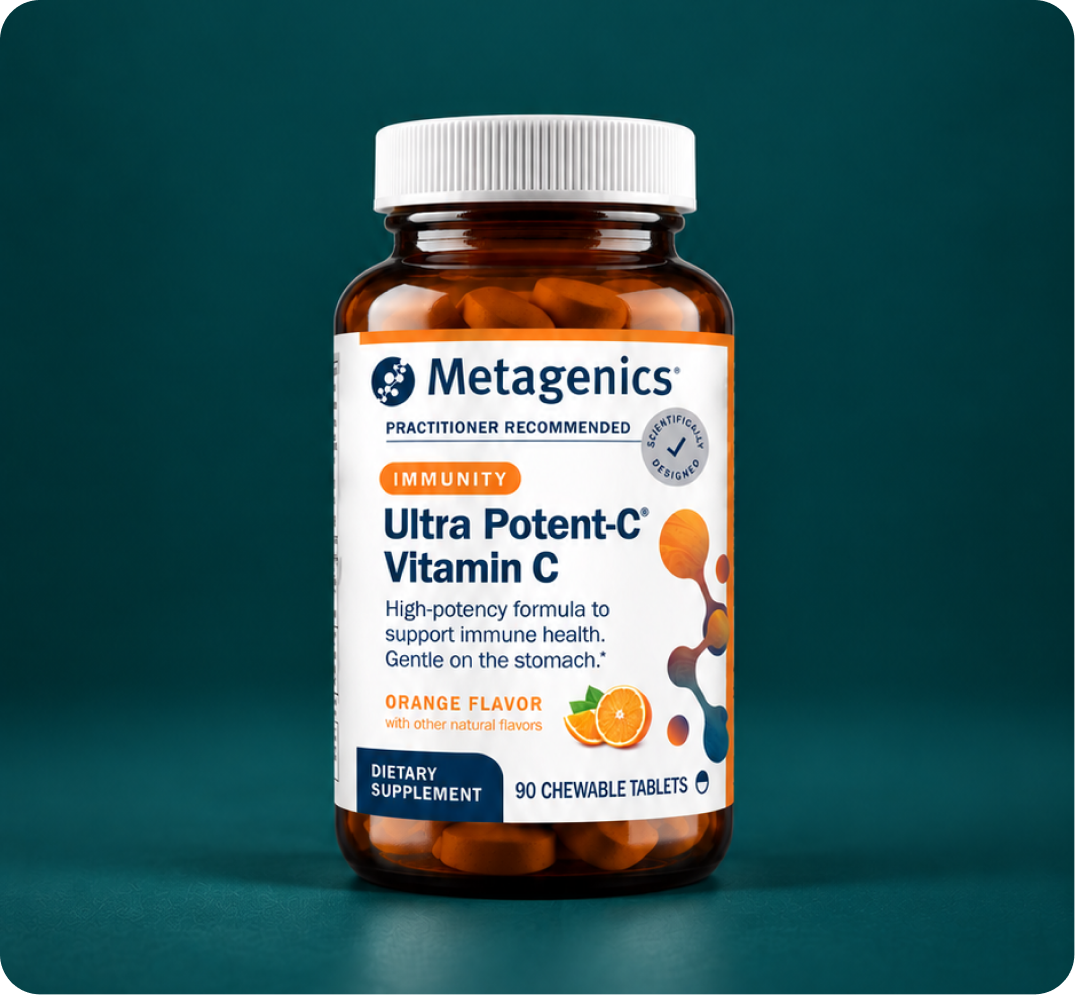 Metagenics Ultra Potent-C Vitamin C supplement featured as part of a Fall Wellness routine to support seasonal immune health.