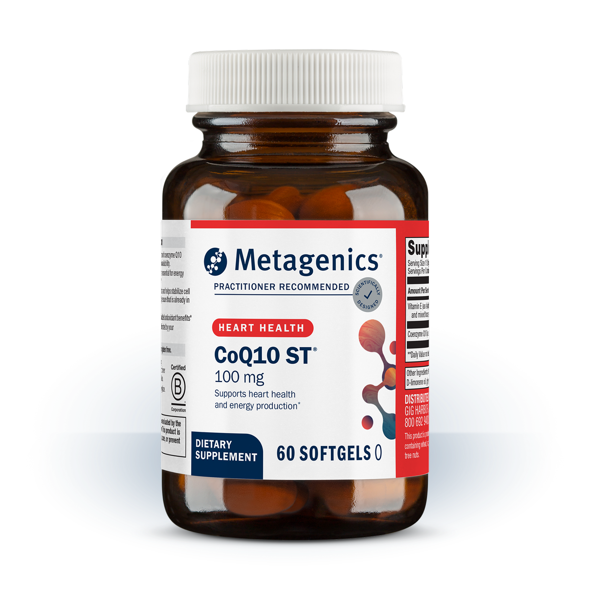 Bottle of Metagenics CoQ10 ST® 100 mg—60 softgels on a light background.  Formulated to support heart health and energy production.
