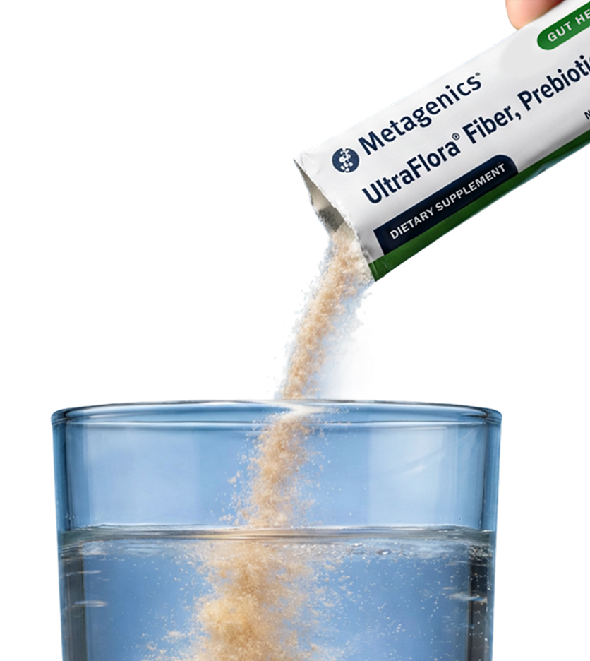 Gut health vitamins & supplements featuring Metagenics UltraFlora Fiber, Prebiotic & Probiotic powder being poured into a glass of water.