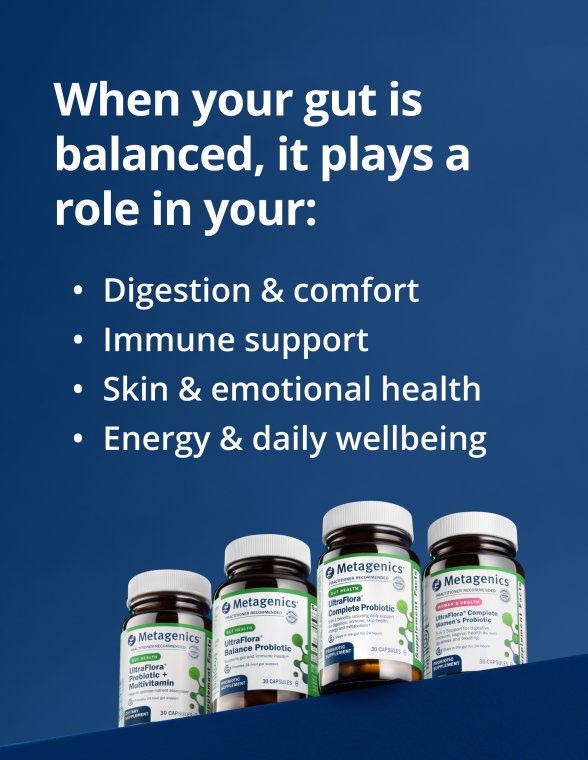 Row of Metagenics UltraFlora bottles beside text listing roles of a balanced gut including digestion, immune support, skin and emotional health, and daily wellbeing