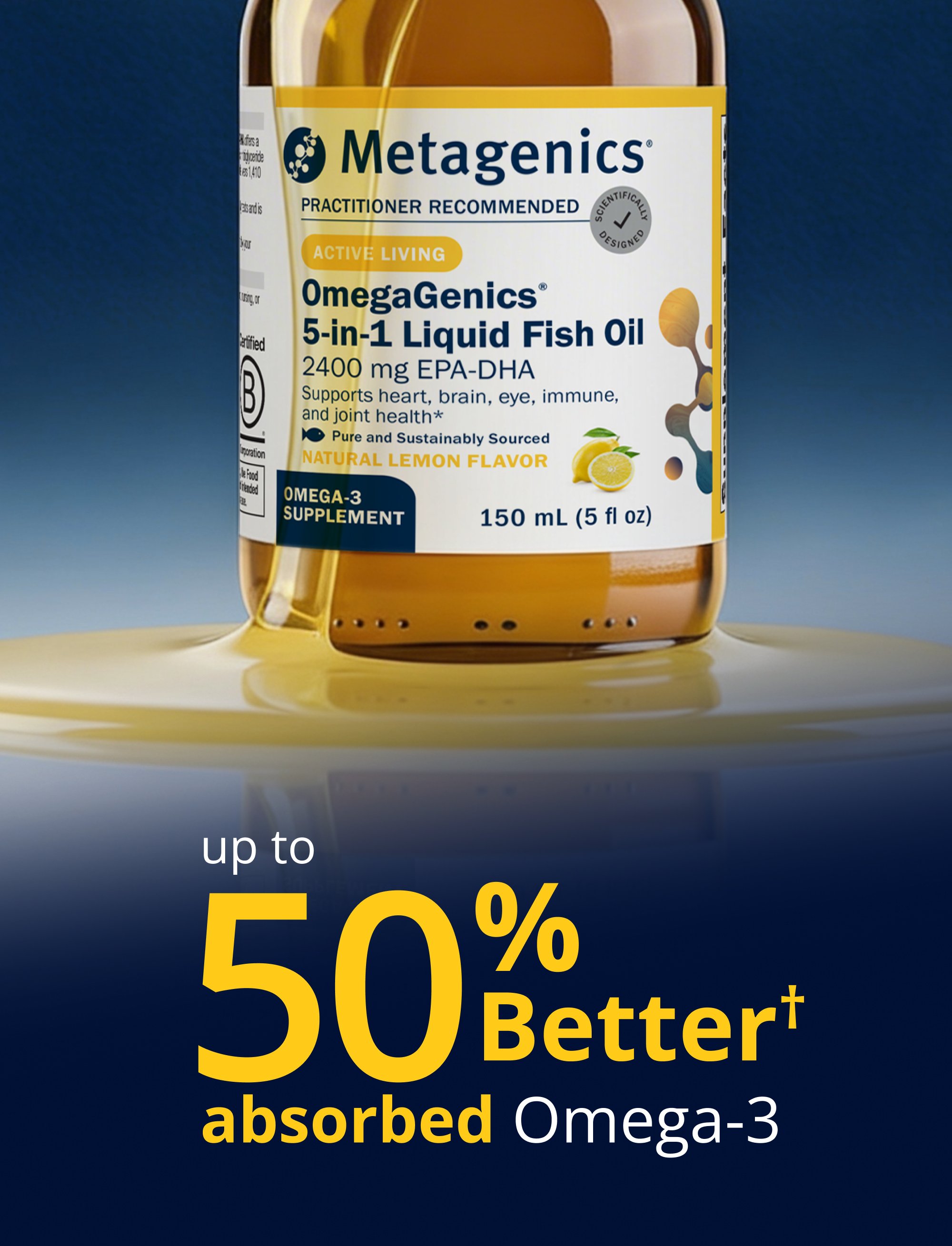 Absorption graphic for Metagenics OmegaGenics® 5‑in‑1 Liquid Fish Oil 2400 mg EPA‑DHA showing a bottle of the product with text highlighting up to 50% better absorption of omega‑3s.