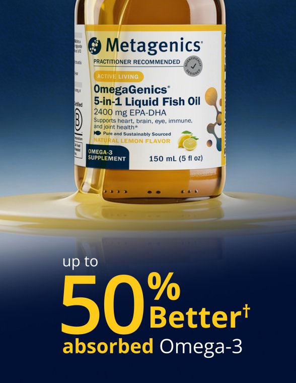 Absorption graphic for Metagenics OmegaGenics® 5‑in‑1 Liquid Fish Oil 2400 mg EPA‑DHA showing a bottle of the product with text highlighting up to 50% better absorption of omega‑3s.