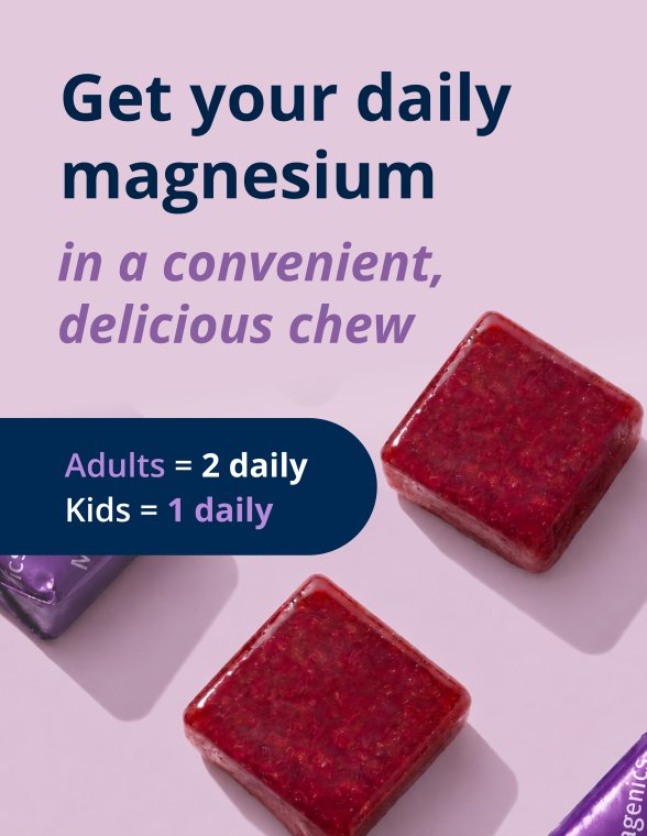 MagActive® 3-in-1 Magnesium Chews with berry-colored chews, highlighting a convenient daily magnesium option with two chews daily for adults and one for kids.