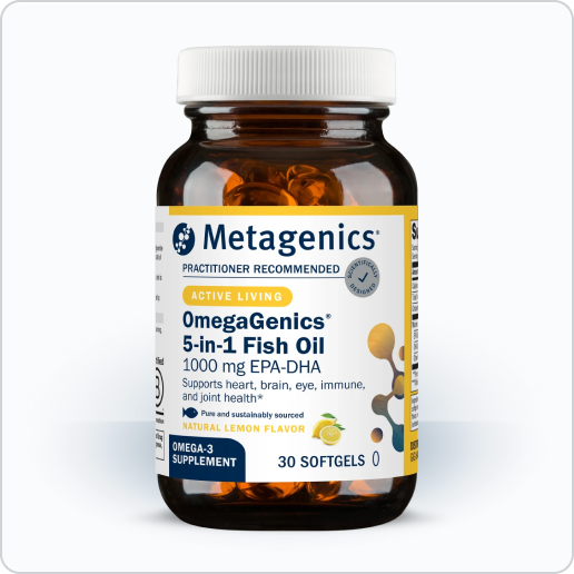 Bottle of Metagenics OmegaGenics® 5-in-1 Fish Oil 1000 mg EPA-DHA —30 softgels. Formulated to support heart, immune, bone, and muscle health.