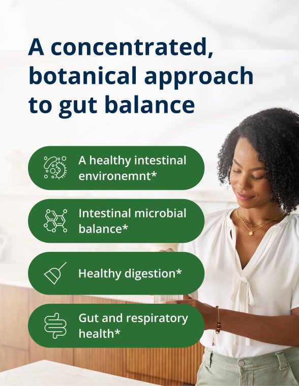 Person holding a cup beside text listing benefits of a concentrated botanical formula, including a healthy intestinal environment, microbial balance, healthy digestion, and gut and respiratory health.