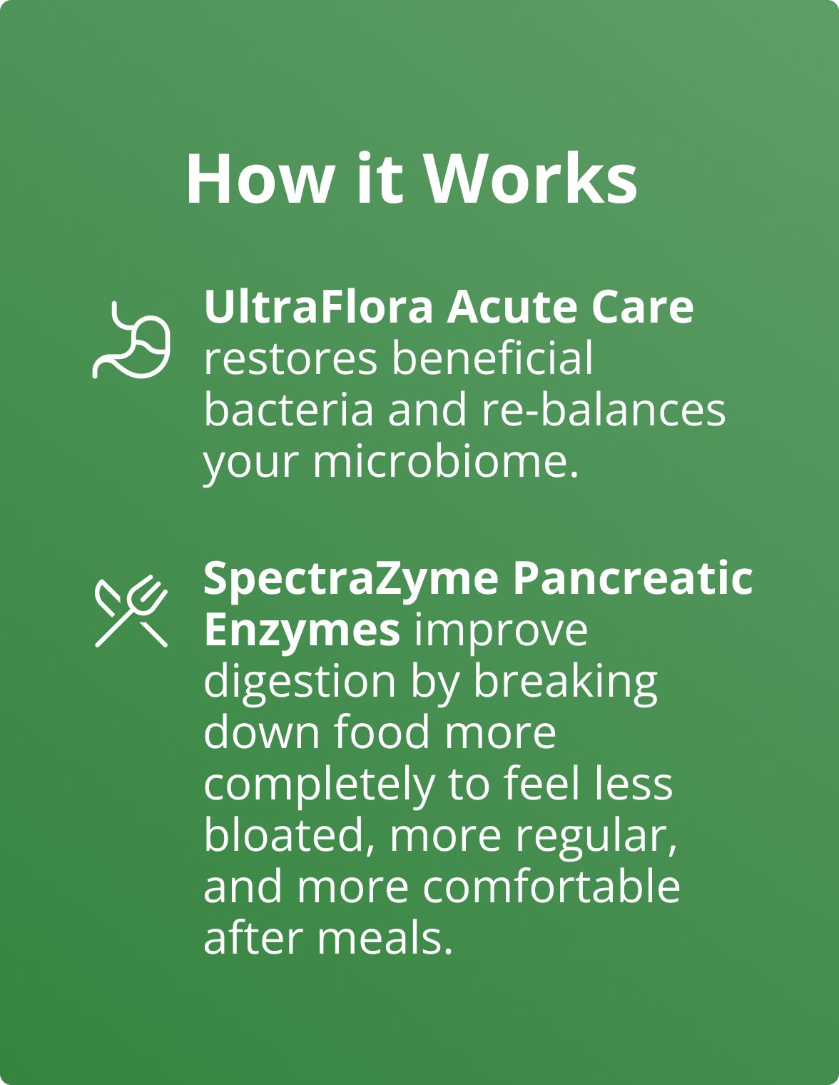 Educational ‘How it Works’ graphic for the Metagenics PracStack ‘Gut Relief Duo for Occasional Bowel Distress by Dr. Jennifer Stagg, ND.’ Image explains that UltraFlora® Acute Care restores beneficial bacteria and helps rebalance the microbiome, and that SpectraZyme® Pancreatic Enzymes support digestion by breaking down food more completely to help reduce bloating and improve comfort after meals.