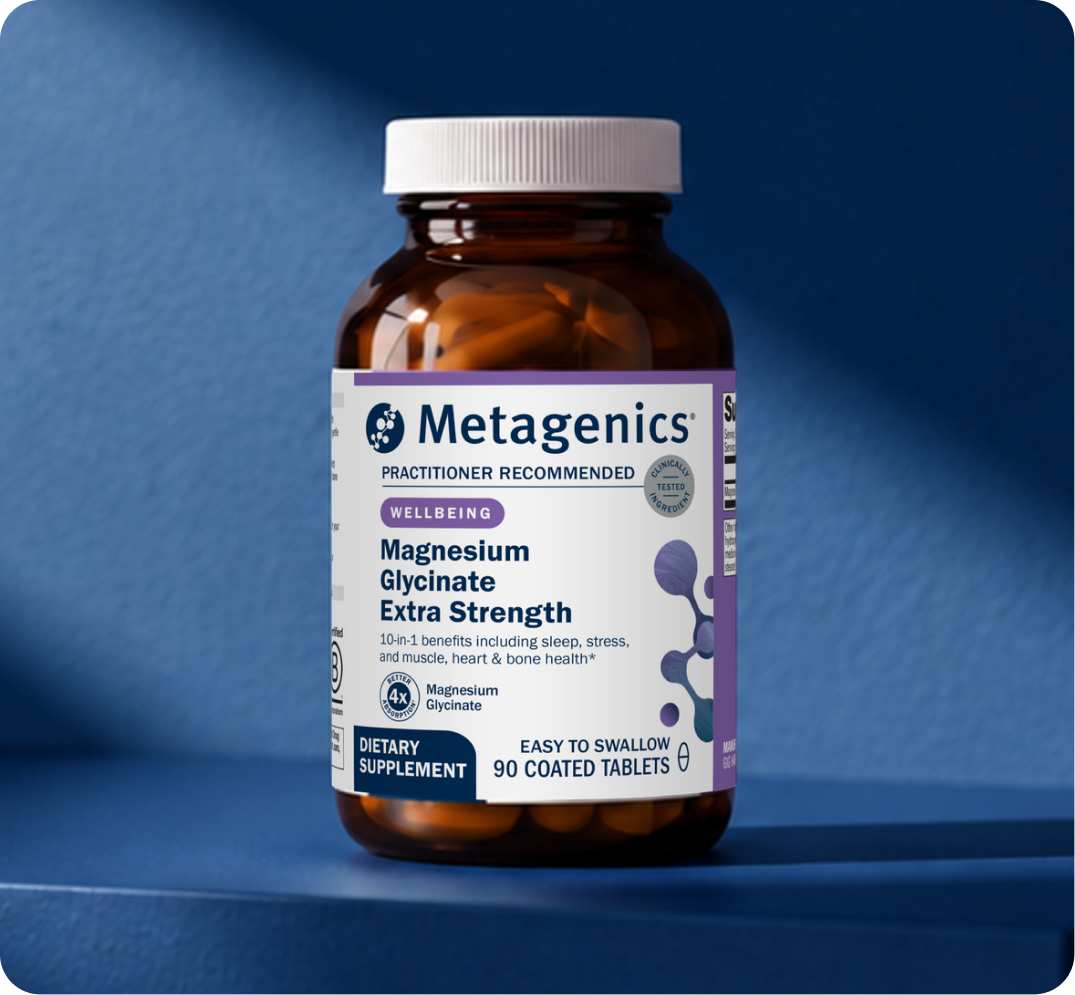 Bottle of Metagenics Magnesium Glycinate Extra Strength supplement displayed on a blue background.